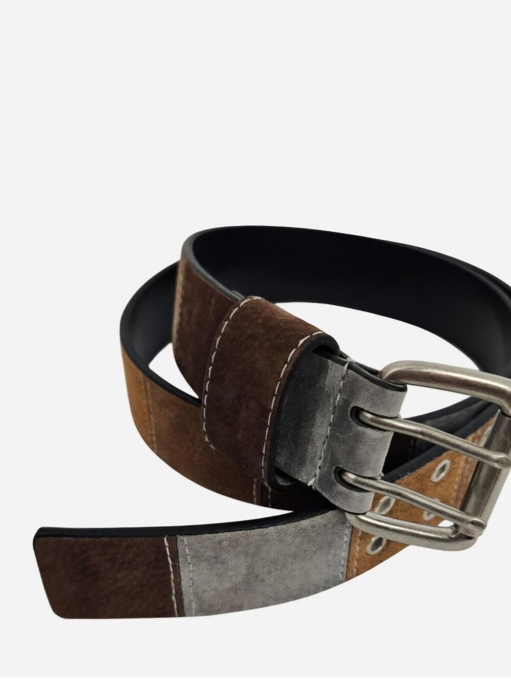 Suede leather brown & gray patchwork belt with white stitching - Picture 4 of 8